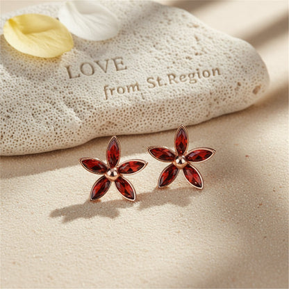 Red Crystal and 18K Rose Gold-Plated Floral Stud Earrings, cubic zirconia stud earrings for women, lifestyle look