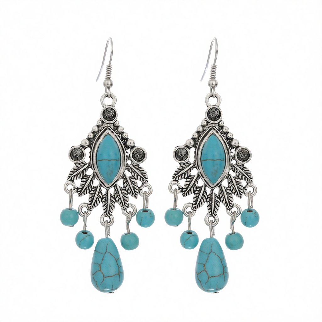 Turquoise and Silver-Plated Marquise Drop Earrings, silver drop earrings for women, dainty minimalist design, side view
