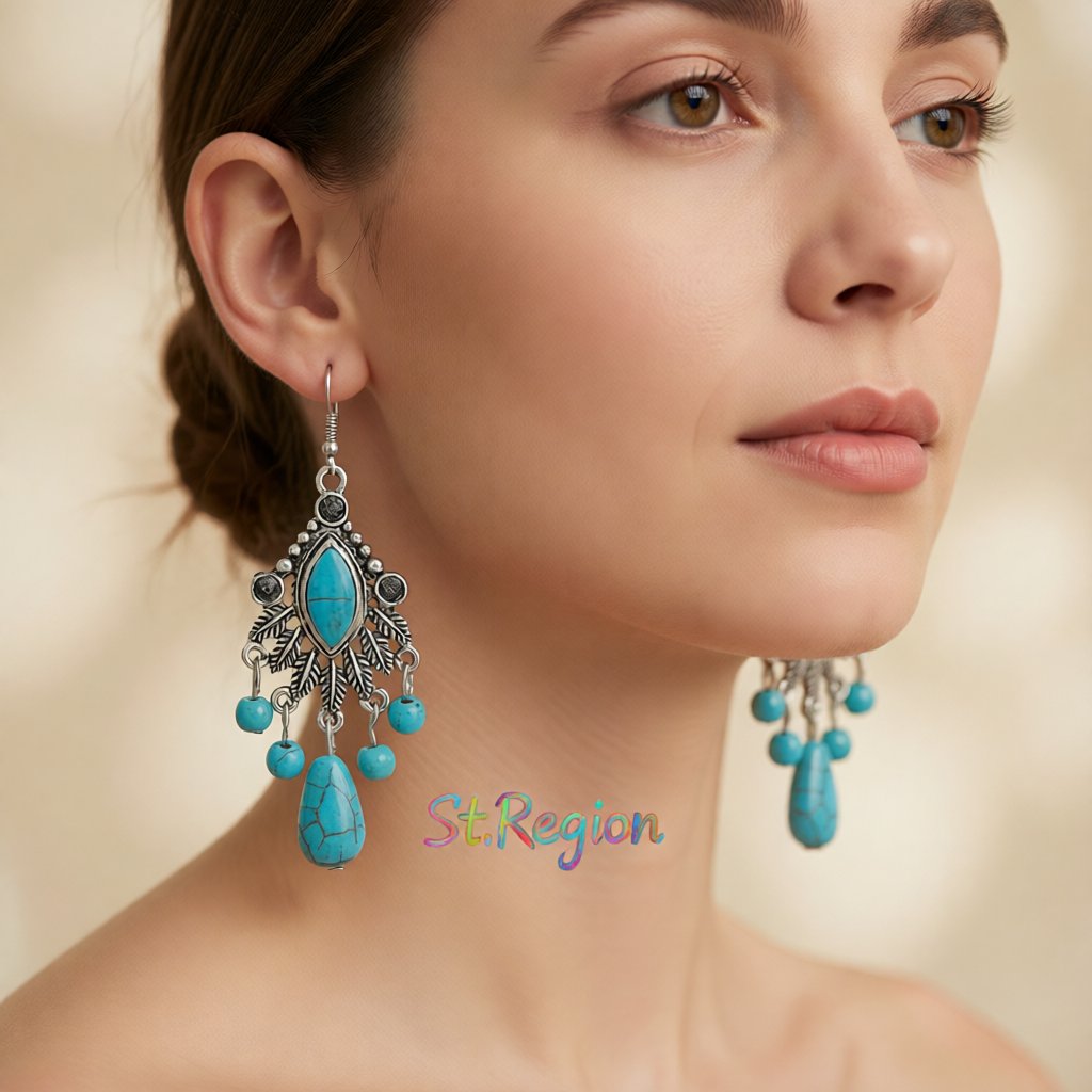 Turquoise and Silver-Plated Marquise Drop Earrings, silver drop earrings for women, dainty minimalist design, styled look
