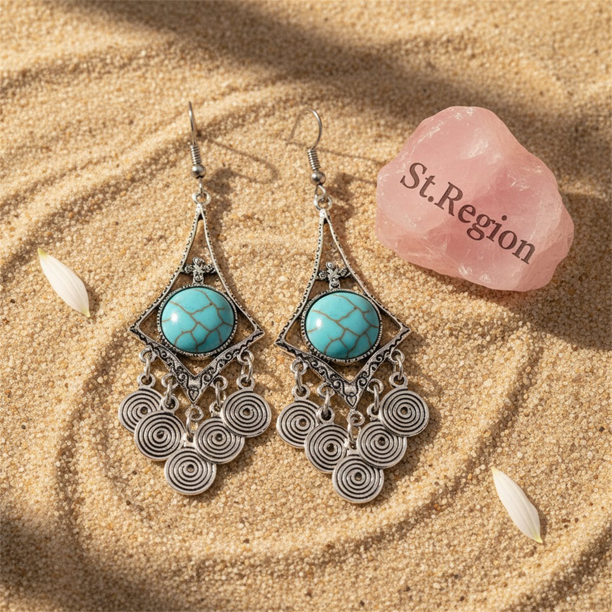 Turquoise and Silver-Plated Vortex Drop Earrings, silver drop earrings for women, vintage-inspired design, detail close-up