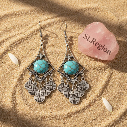 Turquoise and Silver-Plated Vortex Drop Earrings, silver drop earrings for women, vintage-inspired design, detail close-up