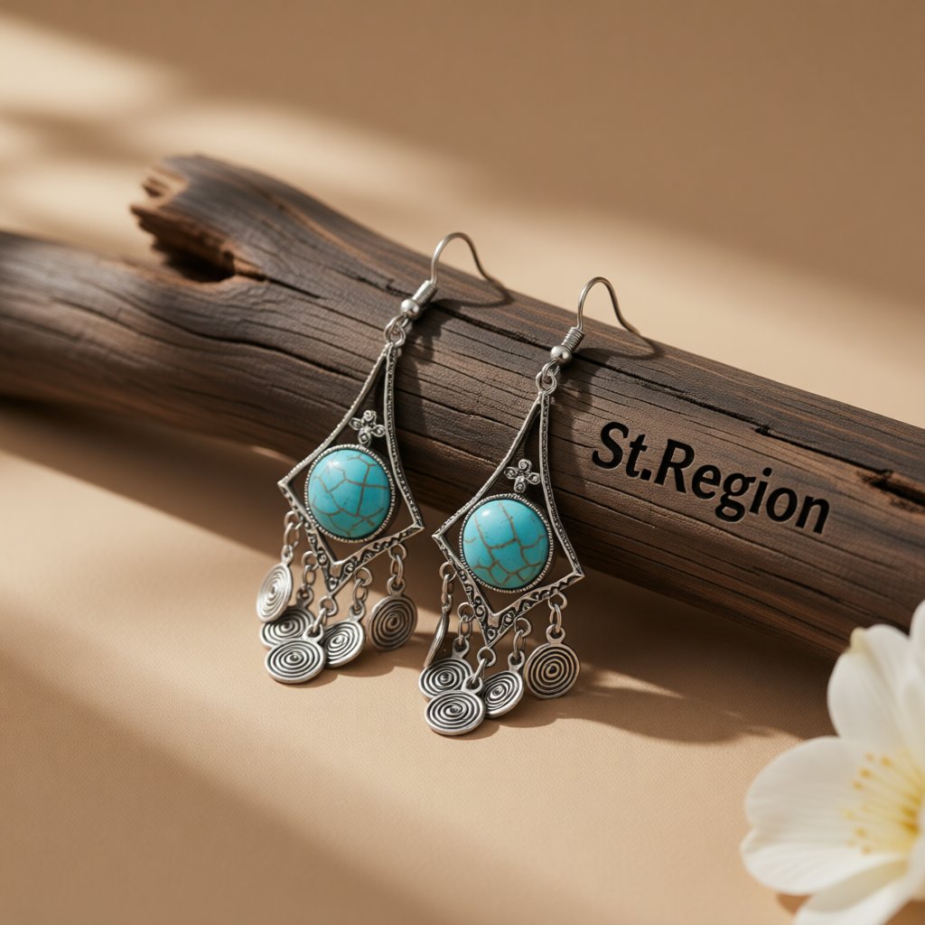 Turquoise and Silver-Plated Vortex Drop Earrings, silver drop earrings for women, vintage-inspired design, front view