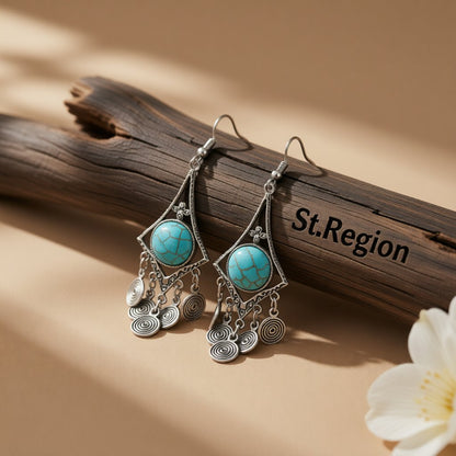 Turquoise and Silver-Plated Vortex Drop Earrings, silver drop earrings for women, vintage-inspired design, front view