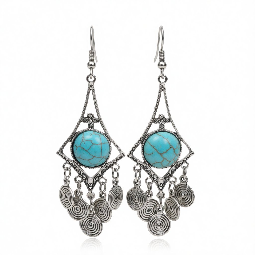 Turquoise and Silver-Plated Vortex Drop Earrings, silver drop earrings for women, vintage-inspired design, side view