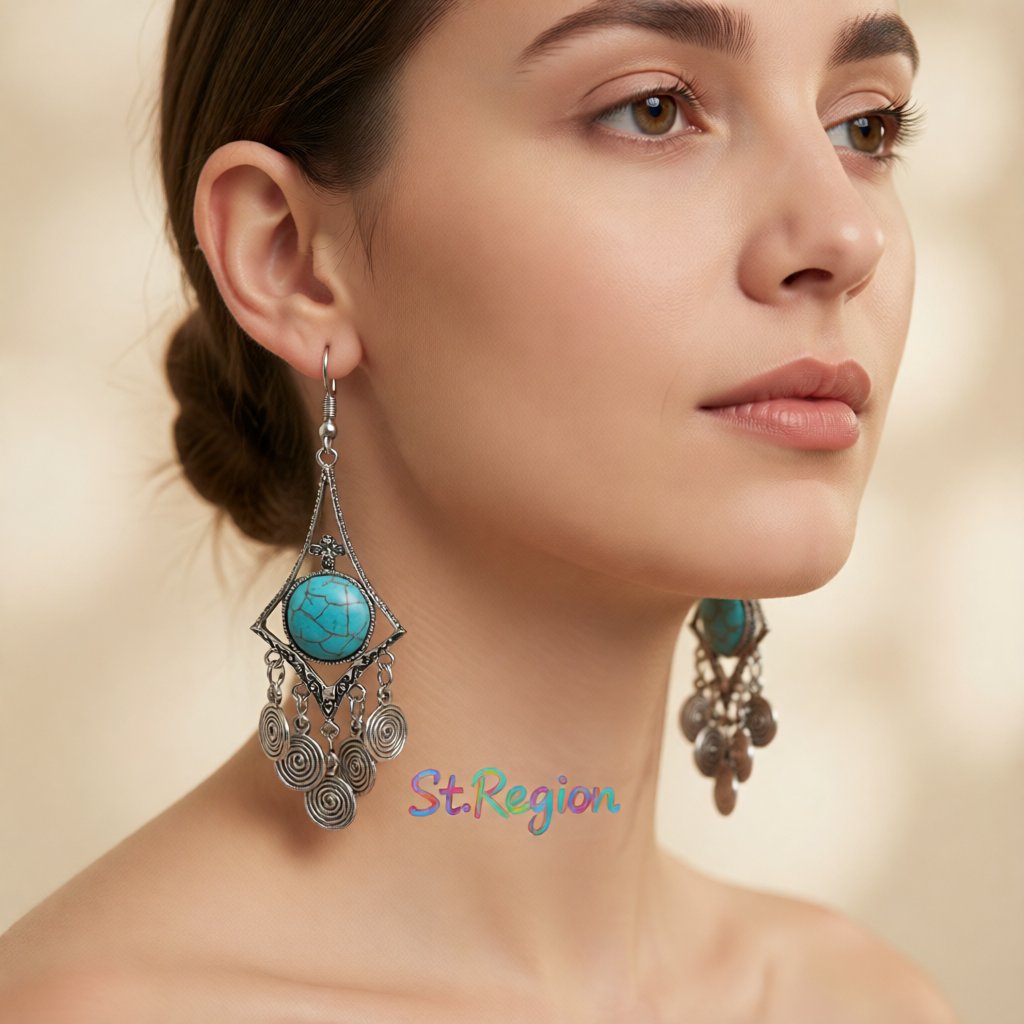 Turquoise and Silver-Plated Vortex Drop Earrings, silver drop earrings for women, vintage-inspired design, styled look