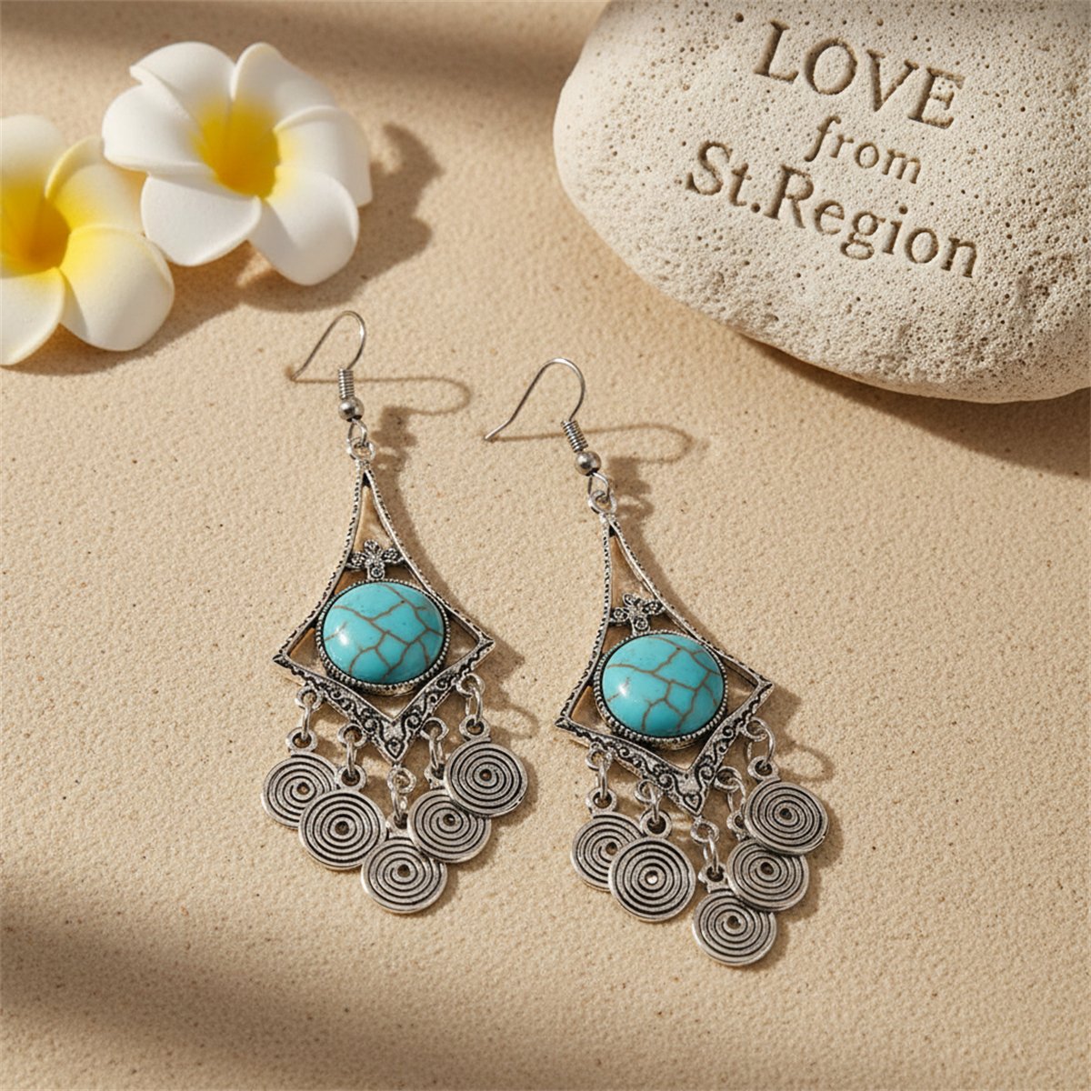 Turquoise and Silver-Plated Vortex Drop Earrings, silver drop earrings for women, vintage-inspired design, lifestyle look