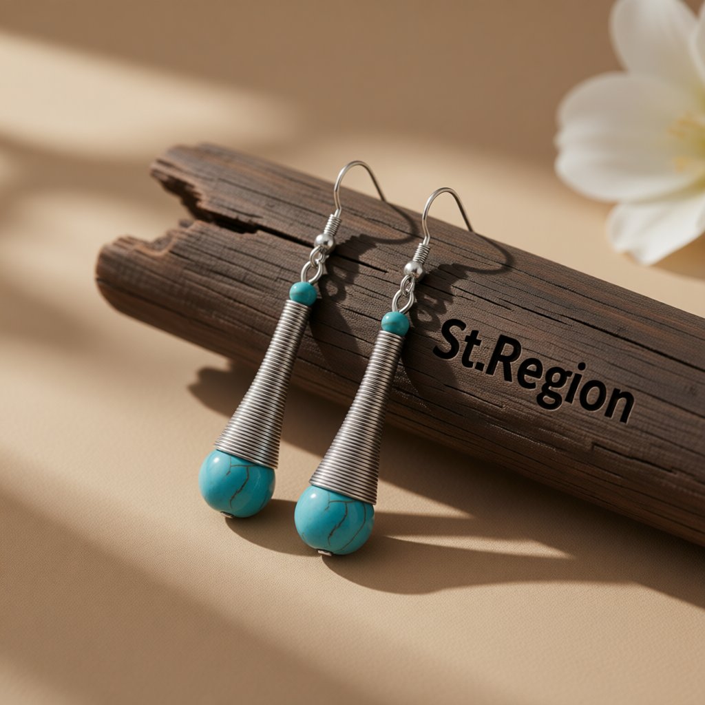 Turquoise and Silver-Plated Teardrop Drop Earrings, silver drop earrings for women, vintage-inspired design, front view