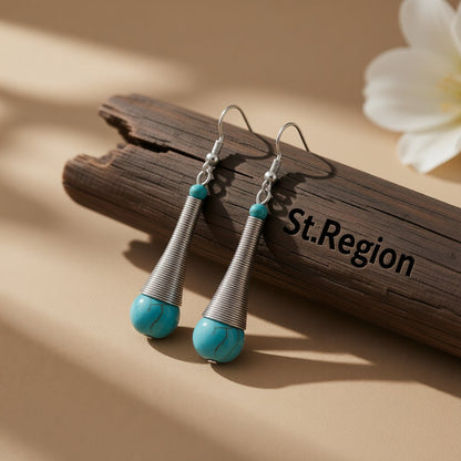 Turquoise and Silver-Plated Teardrop Drop Earrings, silver drop earrings for women, vintage-inspired design, front view
