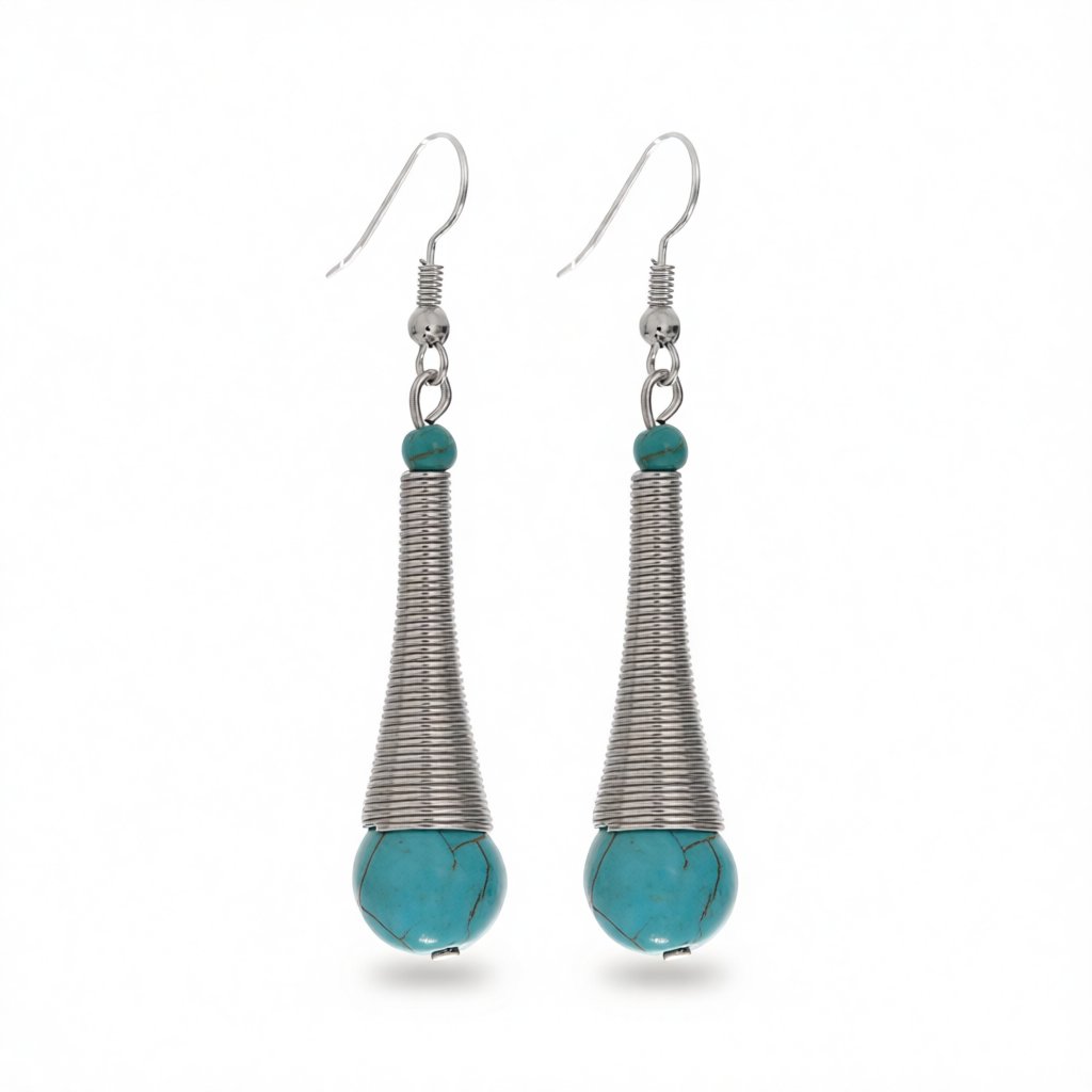 Turquoise and Silver-Plated Teardrop Drop Earrings, silver drop earrings for women, vintage-inspired design, side view