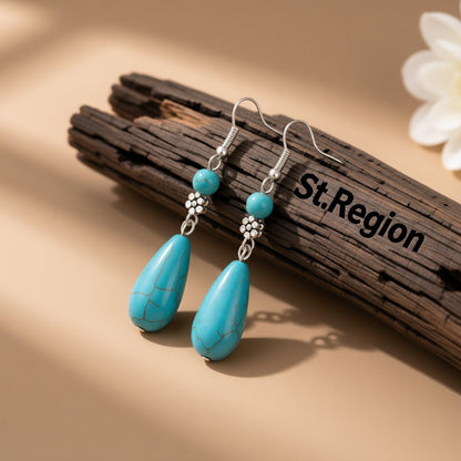 Turquoise and Silver-Plated Pear-Cut Drop Earrings, silver drop earrings for women, vintage-inspired design, front view