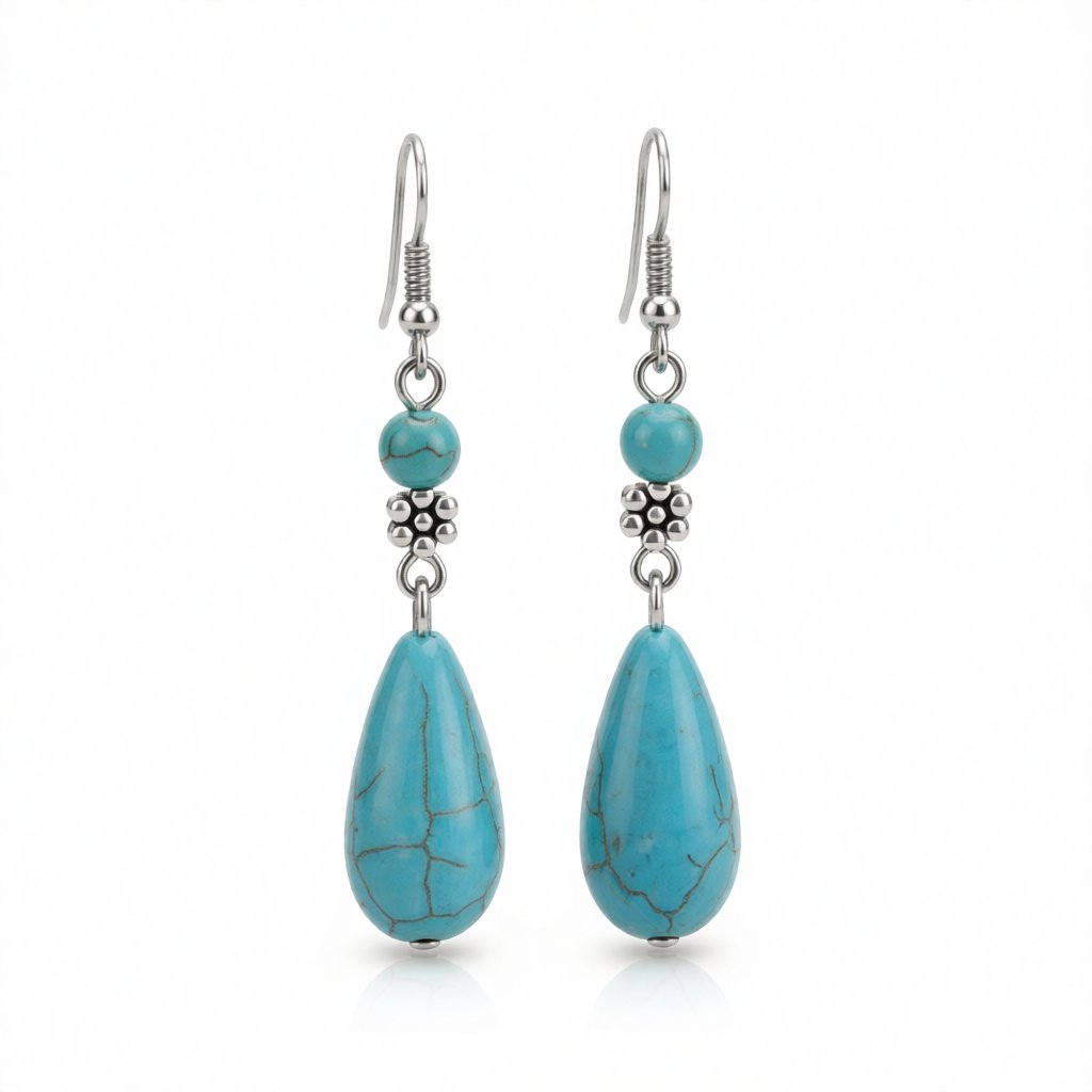 Turquoise and Silver-Plated Pear-Cut Drop Earrings, silver drop earrings for women, vintage-inspired design, side view