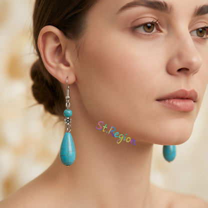 Turquoise and Silver-Plated Pear-Cut Drop Earrings, silver drop earrings for women, vintage-inspired design, styled look