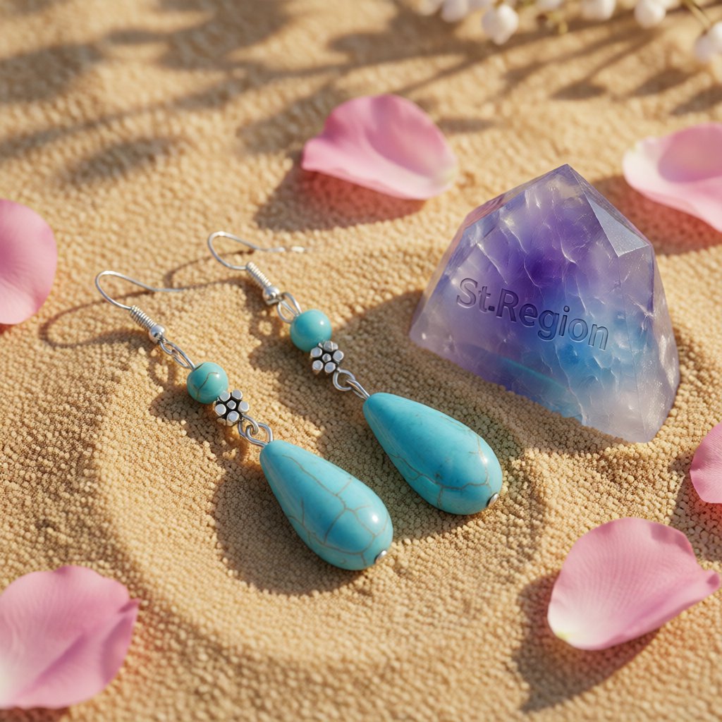 Turquoise and Silver-Plated Pear-Cut Drop Earrings, silver drop earrings for women, vintage-inspired design, detail close-up