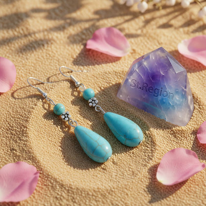 Turquoise and Silver-Plated Pear-Cut Drop Earrings, silver drop earrings for women, vintage-inspired design, detail close-up
