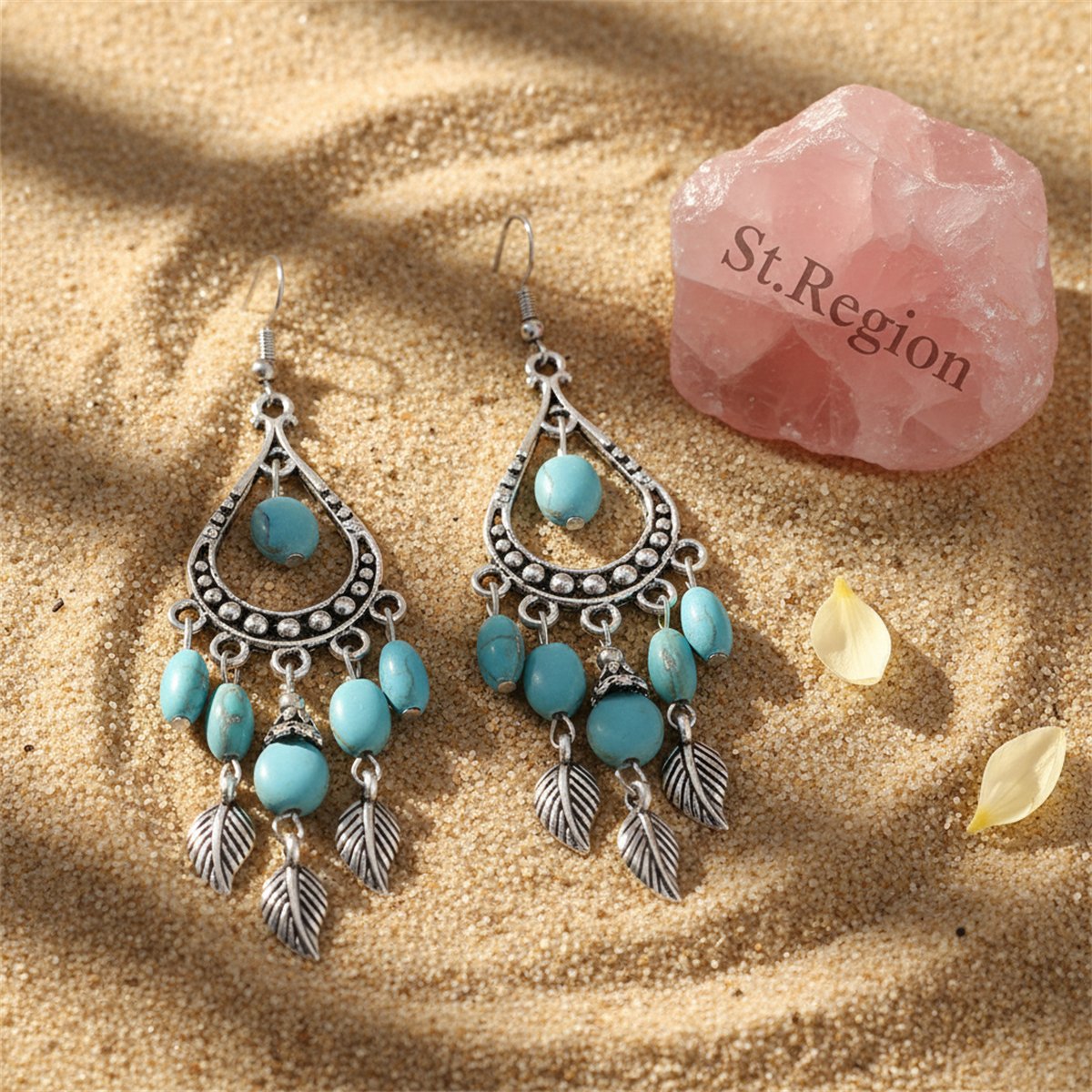 Turquoise and Silver-Plated Feather Teardrop Earrings, silver drop earrings for women, elegant gift for her, detail close-up