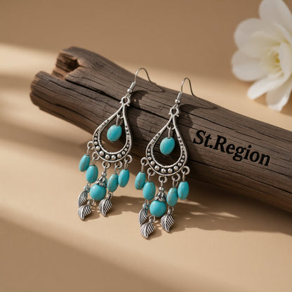 Turquoise and Silver-Plated Feather Teardrop Earrings, silver drop earrings for women, elegant gift for her, front view