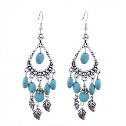 Turquoise and Silver-Plated Feather Teardrop Earrings, silver drop earrings for women, elegant gift for her, side view