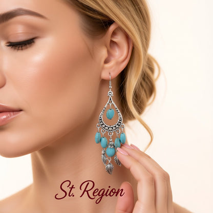 Turquoise and Silver-Plated Feather Teardrop Earrings, silver drop earrings for women, elegant gift for her, styled look