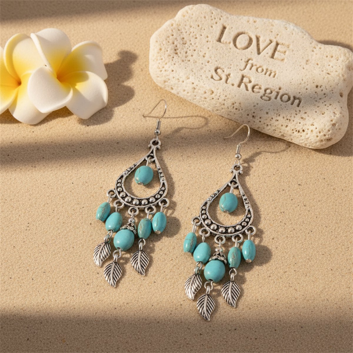 Turquoise and Silver-Plated Feather Teardrop Earrings, silver drop earrings for women, elegant gift for her, lifestyle look