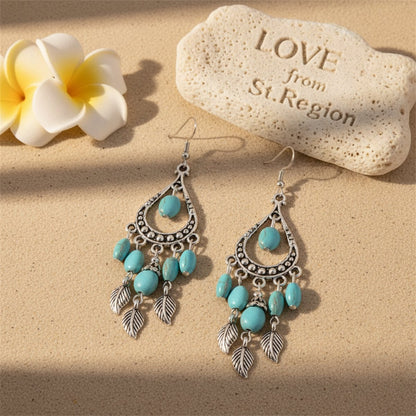 Turquoise and Silver-Plated Feather Teardrop Earrings, silver drop earrings for women, elegant gift for her, lifestyle look