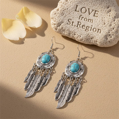 Turquoise and Silver-Plated Feather Drop Earrings, silver drop earrings for women, everyday style, lifestyle look