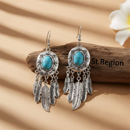 Turquoise and Silver-Plated Feather Drop Earrings, silver drop earrings for women, everyday style, front view