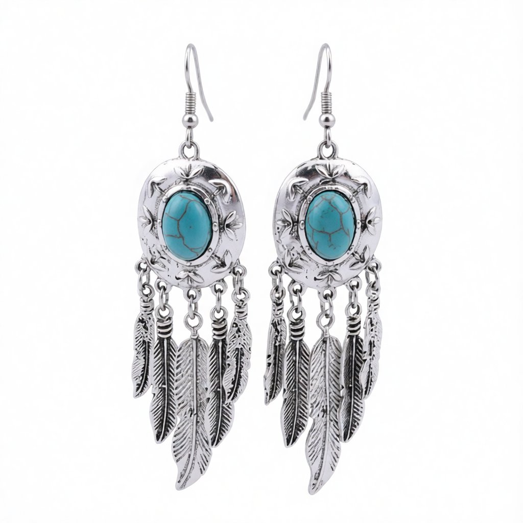 Turquoise and Silver-Plated Feather Drop Earrings, silver drop earrings for women, everyday style, side view