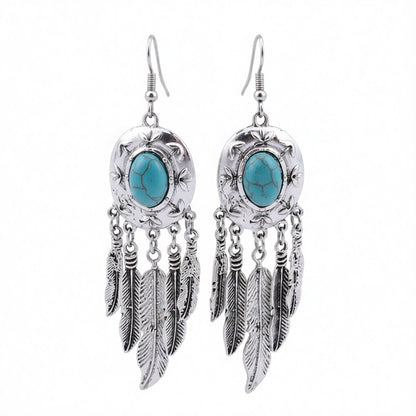 Turquoise and Silver-Plated Feather Drop Earrings, silver drop earrings for women, everyday style, side view