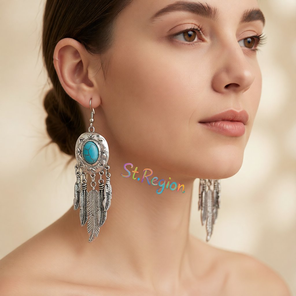 Turquoise and Silver-Plated Feather Drop Earrings, silver drop earrings for women, everyday style, styled look
