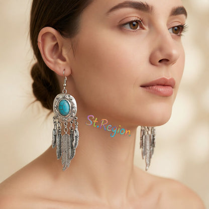 Turquoise and Silver-Plated Feather Drop Earrings, silver drop earrings for women, everyday style, styled look