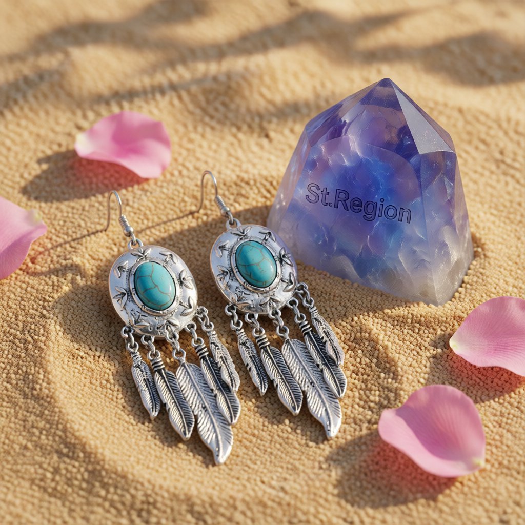 Turquoise and Silver-Plated Feather Drop Earrings, silver drop earrings for women, everyday style, detail close-up