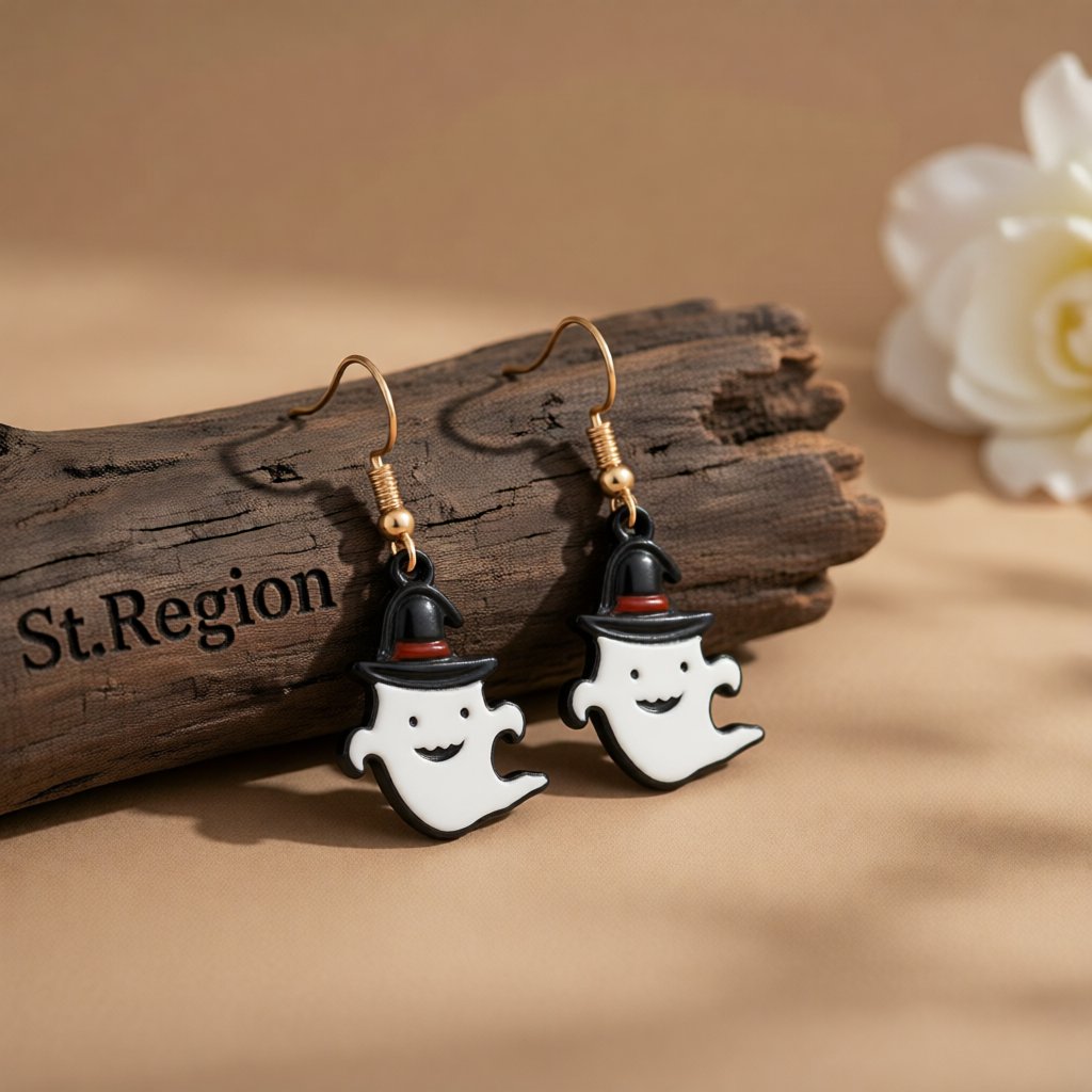 White Enamel and 18K Gold-Plated Ghost Drop Earrings, gold drop earrings for women, botanical inspired, front view