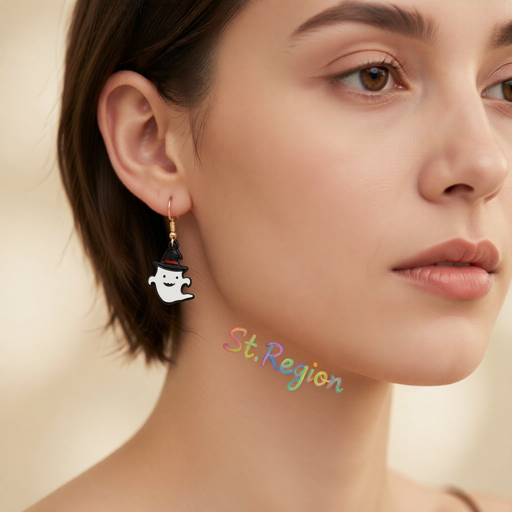 White Enamel and 18K Gold-Plated Ghost Drop Earrings, gold drop earrings for women, botanical inspired, styled look