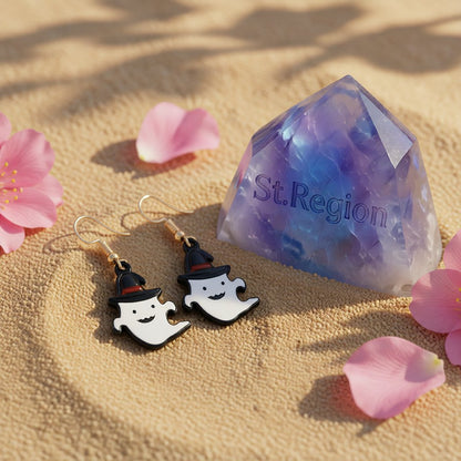 White Enamel and 18K Gold-Plated Ghost Drop Earrings, gold drop earrings for women, botanical inspired, detail close-up