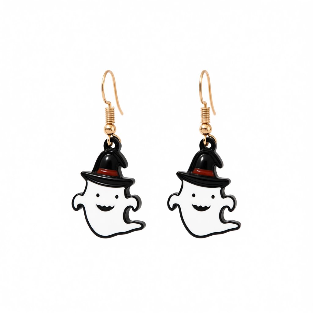 White Enamel and 18K Gold-Plated Ghost Drop Earrings, gold drop earrings for women, botanical inspired, side view
