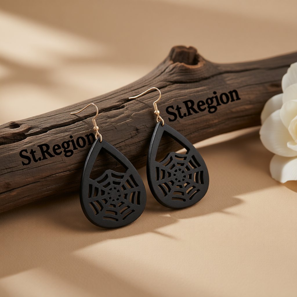 Black Polystyrene and 18K Gold-Plated Spiderweb Drop Earrings, gold drop earrings for women, elegant gift for her, front view