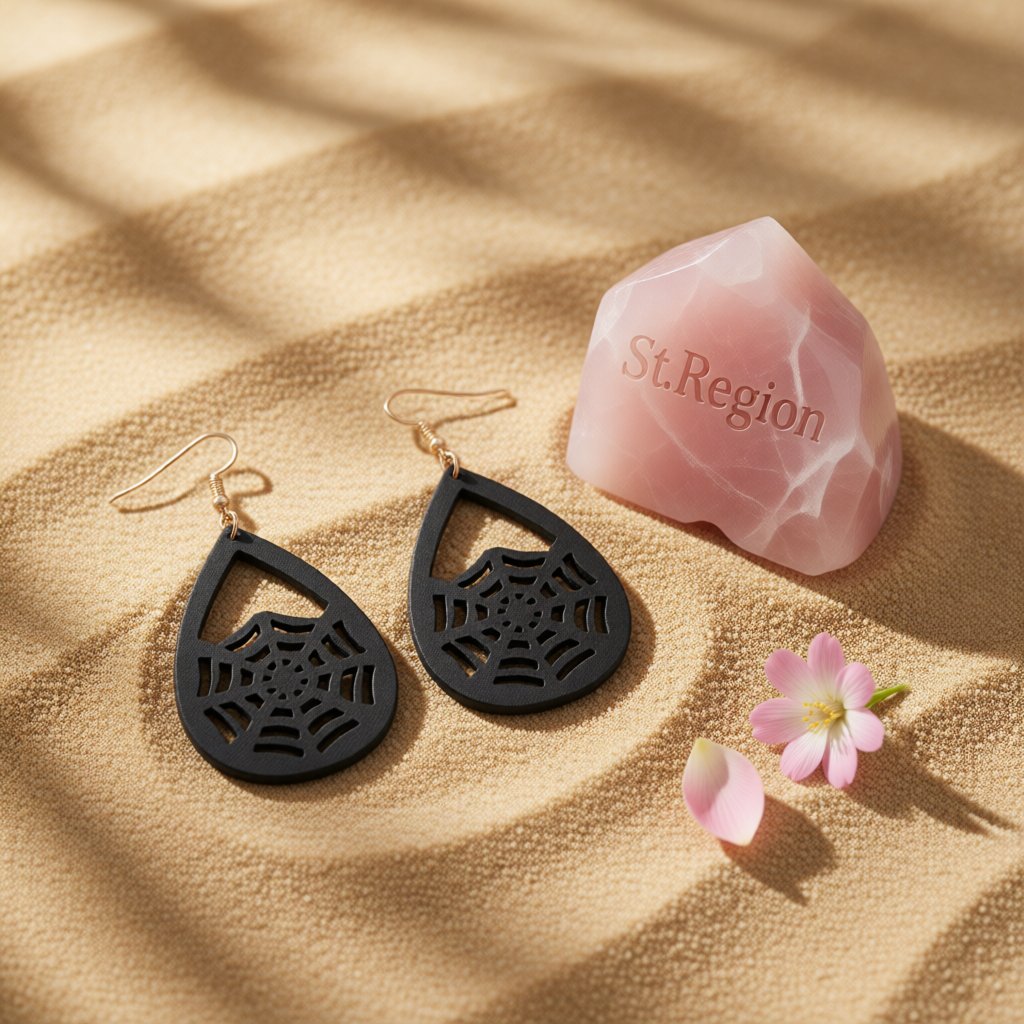Black Polystyrene and 18K Gold-Plated Spiderweb Drop Earrings, gold drop earrings for women, detail close-up