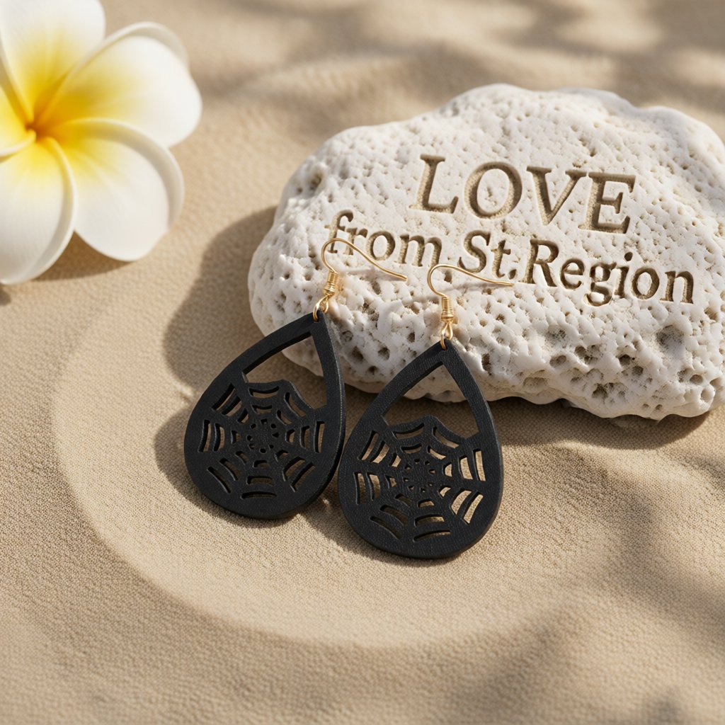 Black Polystyrene and 18K Gold-Plated Spiderweb Drop Earrings, gold drop earrings for women, lifestyle look