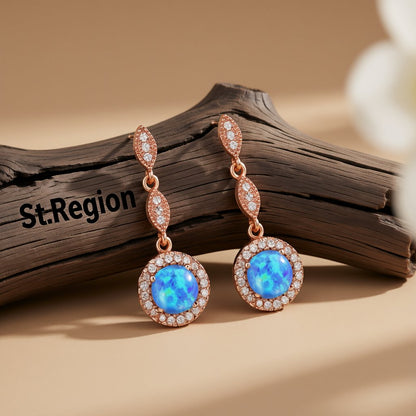 Blue Opal and 18K Rose Gold-Plated Halo Drop Earrings, rose gold drop earrings for women, vintage-inspired design, front view