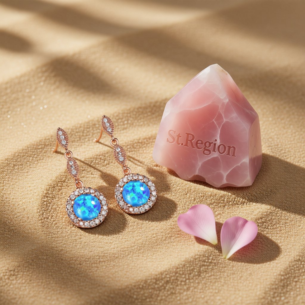 Blue Opal and 18K Rose Gold-Plated Halo Drop Earrings, rose gold drop earrings for women, detail close-up