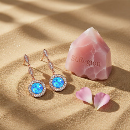 Blue Opal and 18K Rose Gold-Plated Halo Drop Earrings, rose gold drop earrings for women, detail close-up