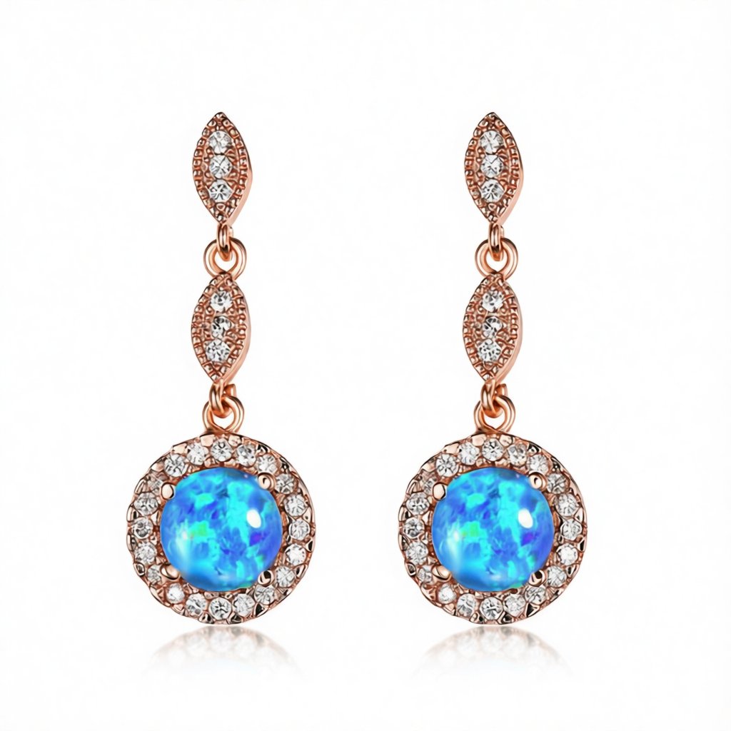 Blue Opal and 18K Rose Gold-Plated Halo Drop Earrings, rose gold drop earrings for women, vintage-inspired design, side view