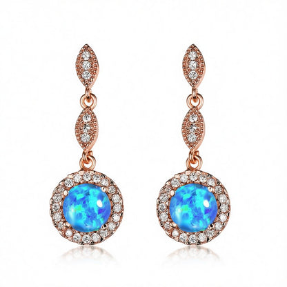 Blue Opal and 18K Rose Gold-Plated Halo Drop Earrings, rose gold drop earrings for women, vintage-inspired design, side view