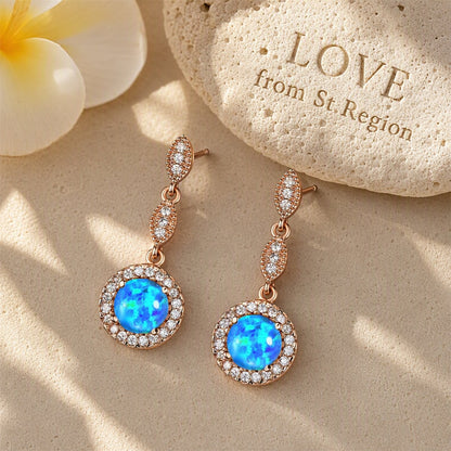 Blue Opal and 18K Rose Gold-Plated Halo Drop Earrings, rose gold drop earrings for women, lifestyle look