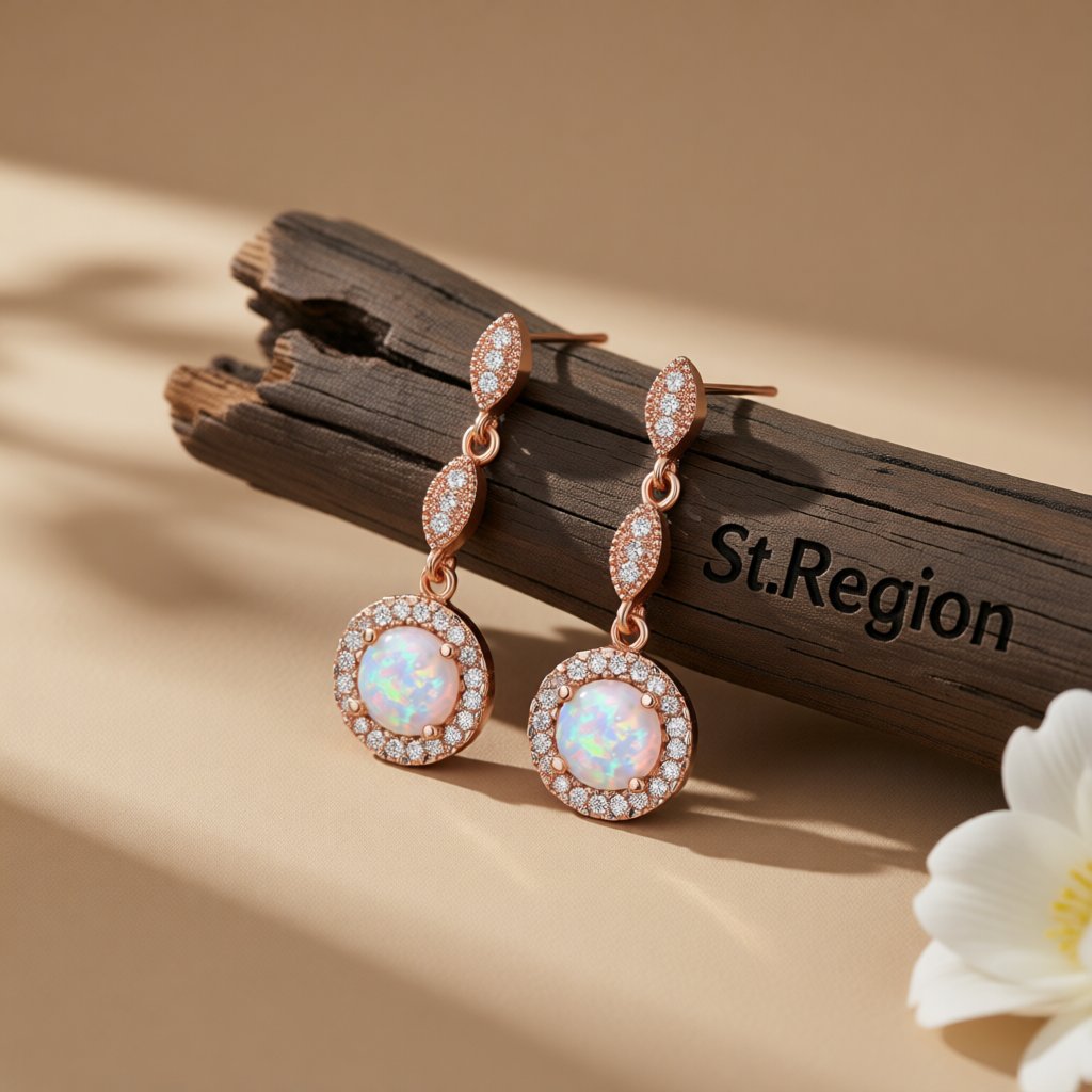 Opal and Cubic Zirconia 18K Rose Gold-Plated Halo Drop Earrings, rose gold drop earrings for women, front view