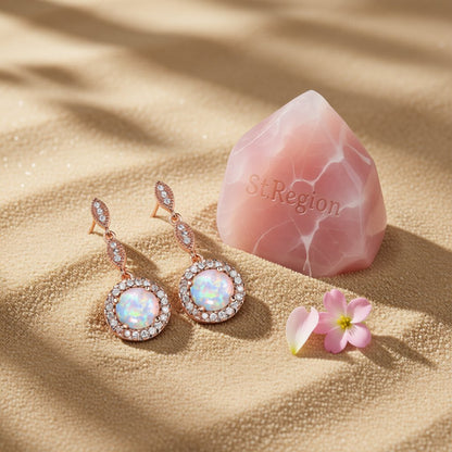 Opal and Cubic Zirconia 18K Rose Gold-Plated Halo Drop Earrings, rose gold drop earrings for women, detail close-up