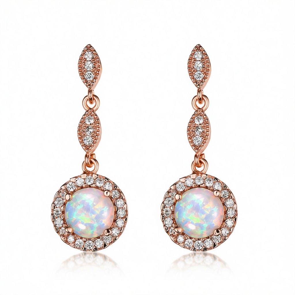 Opal and Cubic Zirconia 18K Rose Gold-Plated Halo Drop Earrings, rose gold drop earrings for women, everyday style, side view
