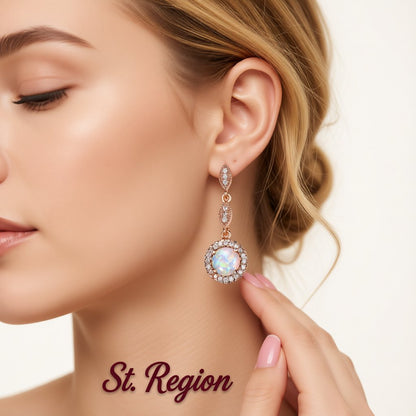 Opal and Cubic Zirconia 18K Rose Gold-Plated Halo Drop Earrings, rose gold drop earrings for women, styled look