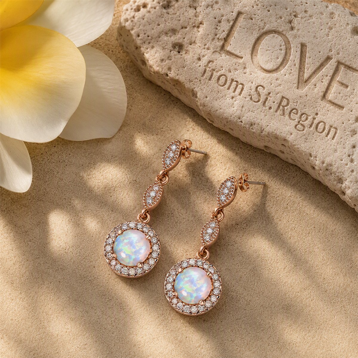 Opal and Cubic Zirconia 18K Rose Gold-Plated Halo Drop Earrings, rose gold drop earrings for women, lifestyle look