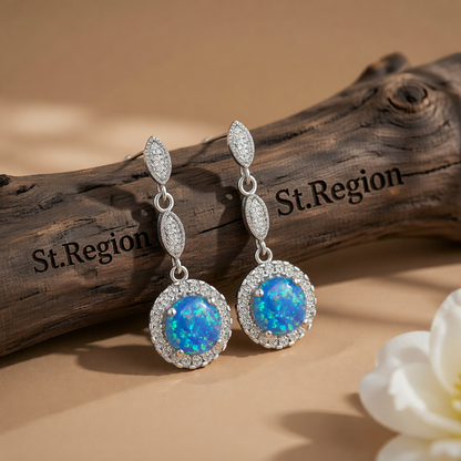 Blue Opal & Cubic Zirconia Silver-Plated Halo Drop Earrings
